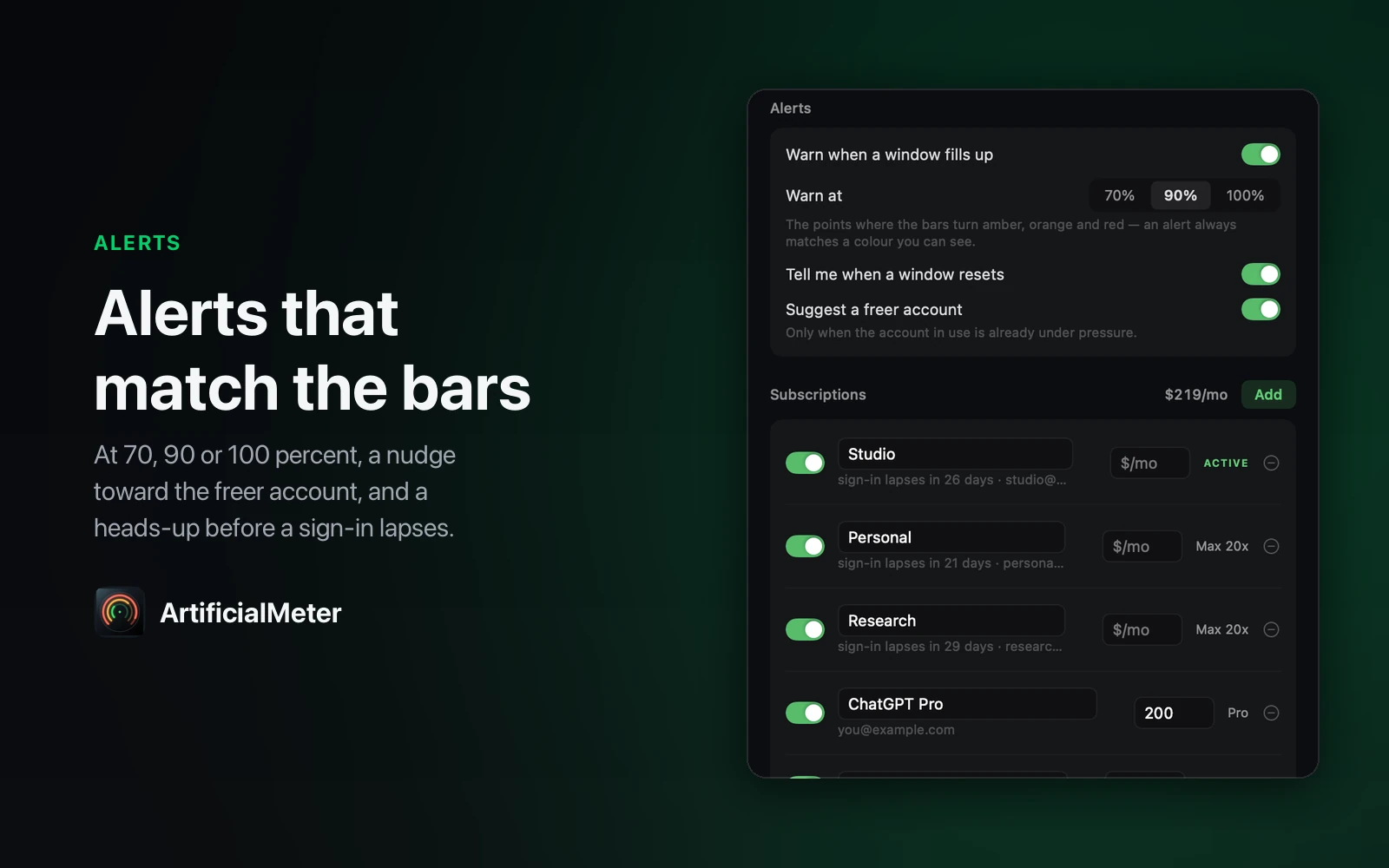 Alert settings with warnings at 70, 90 or 100 percent, reset and switch alerts, and each subscription's sign-in expiry
