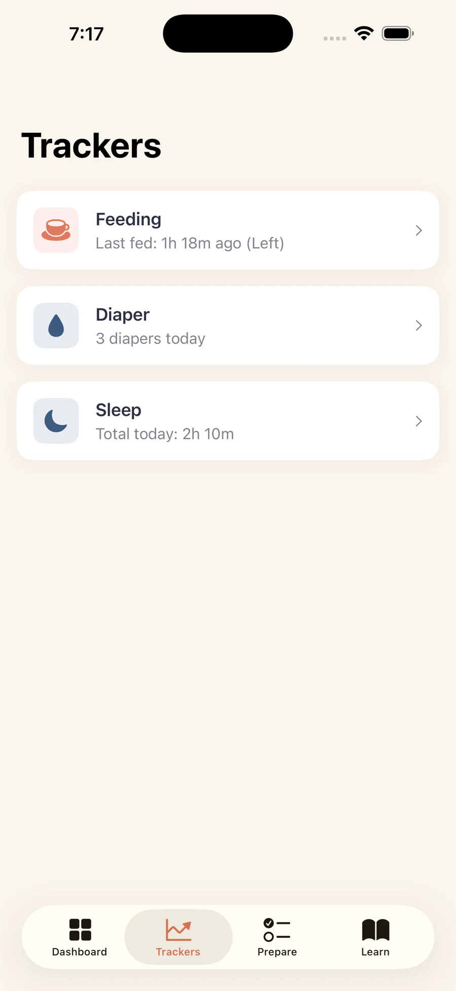 Trackers tab listing feeding, diaper and sleep with today's totals