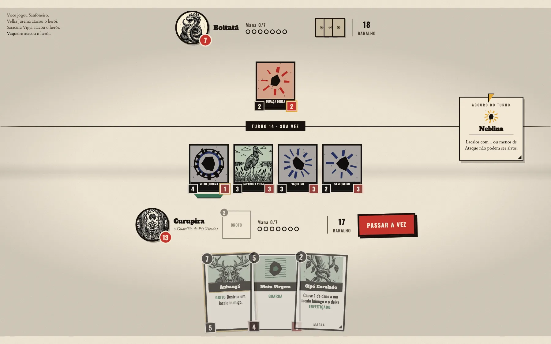 Turn 14: four minions on Curupira's side, Boitatá down to 7 life, and the Neblina omen in play