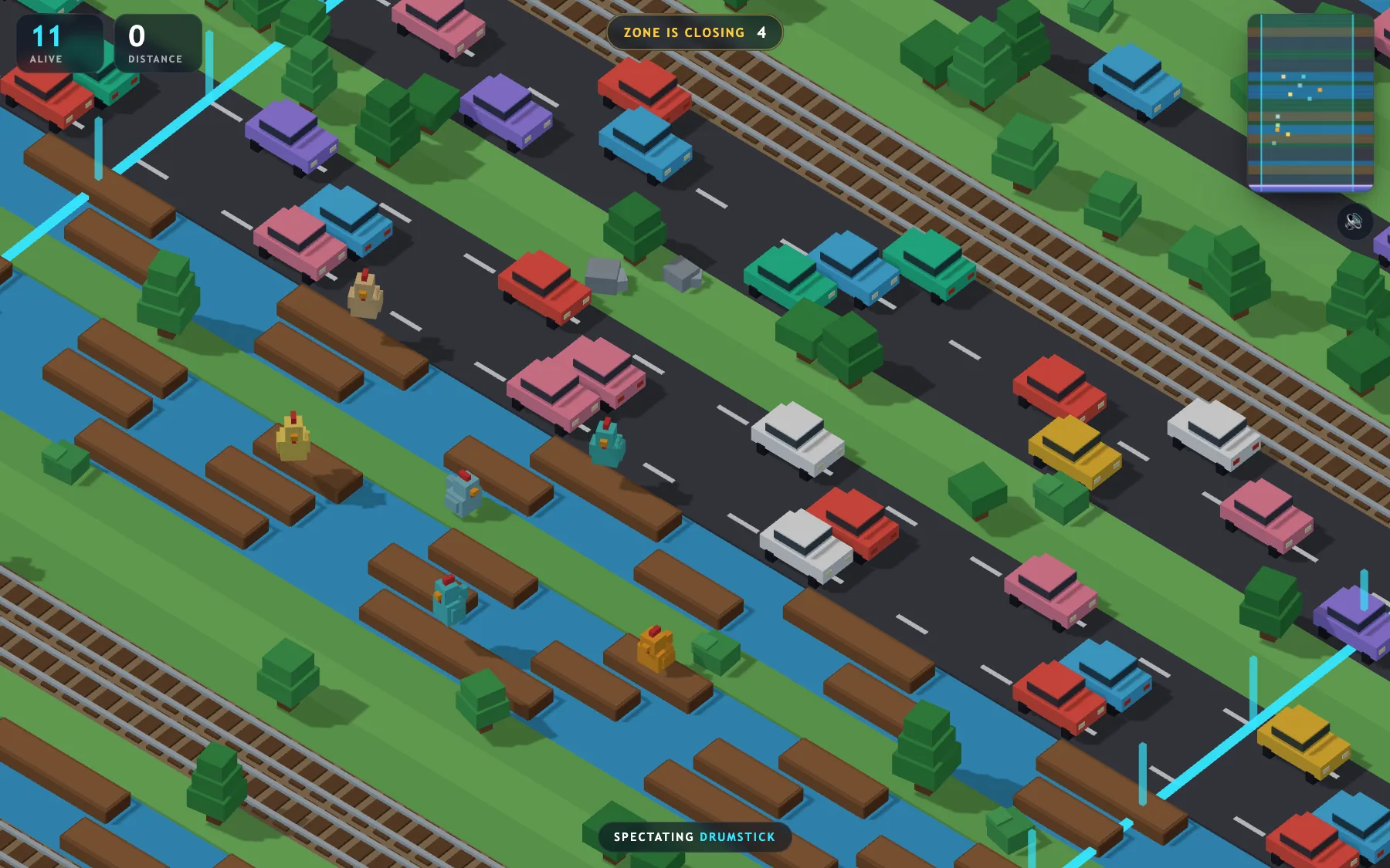 Mid-match, eleven chickens left: bots crossing a busy highway and riding logs while the cyan zone walls close in and a banner reads 'Zone is closing'