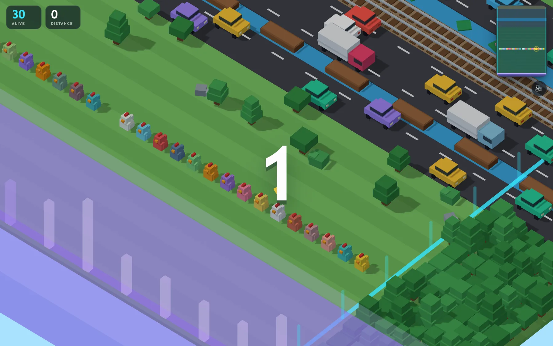 Thirty chickens in a line at the start, the countdown on 1, traffic ahead and the purple fog wall behind them