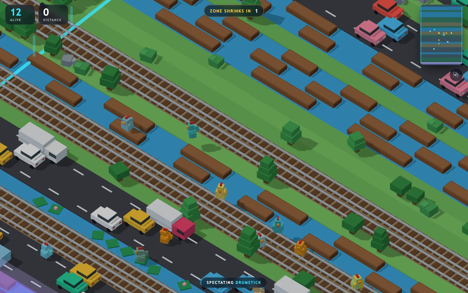 Twelve left: chickens scattered across rails, rivers and roads, with the live map in the corner and 'Spectating Drumstick' along the bottom