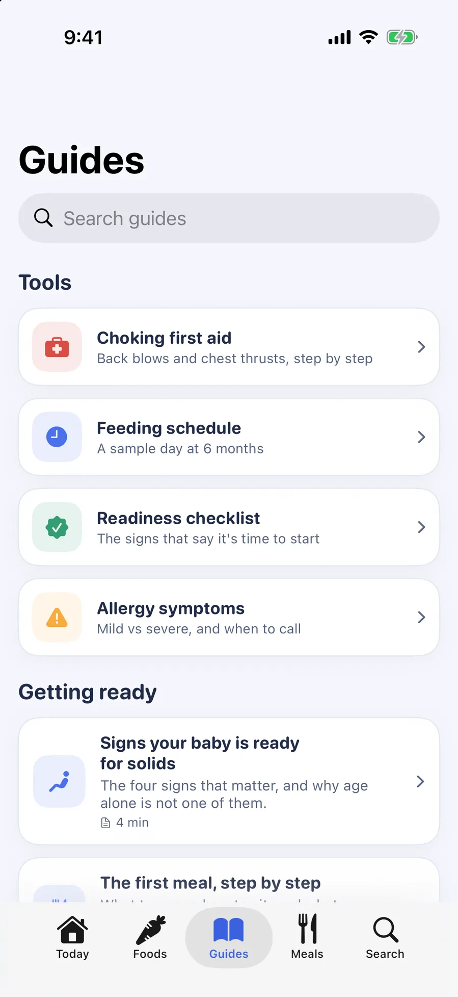 Guides: tools for choking first aid, a feeding schedule, a readiness checklist and allergy symptoms, then the Getting ready articles