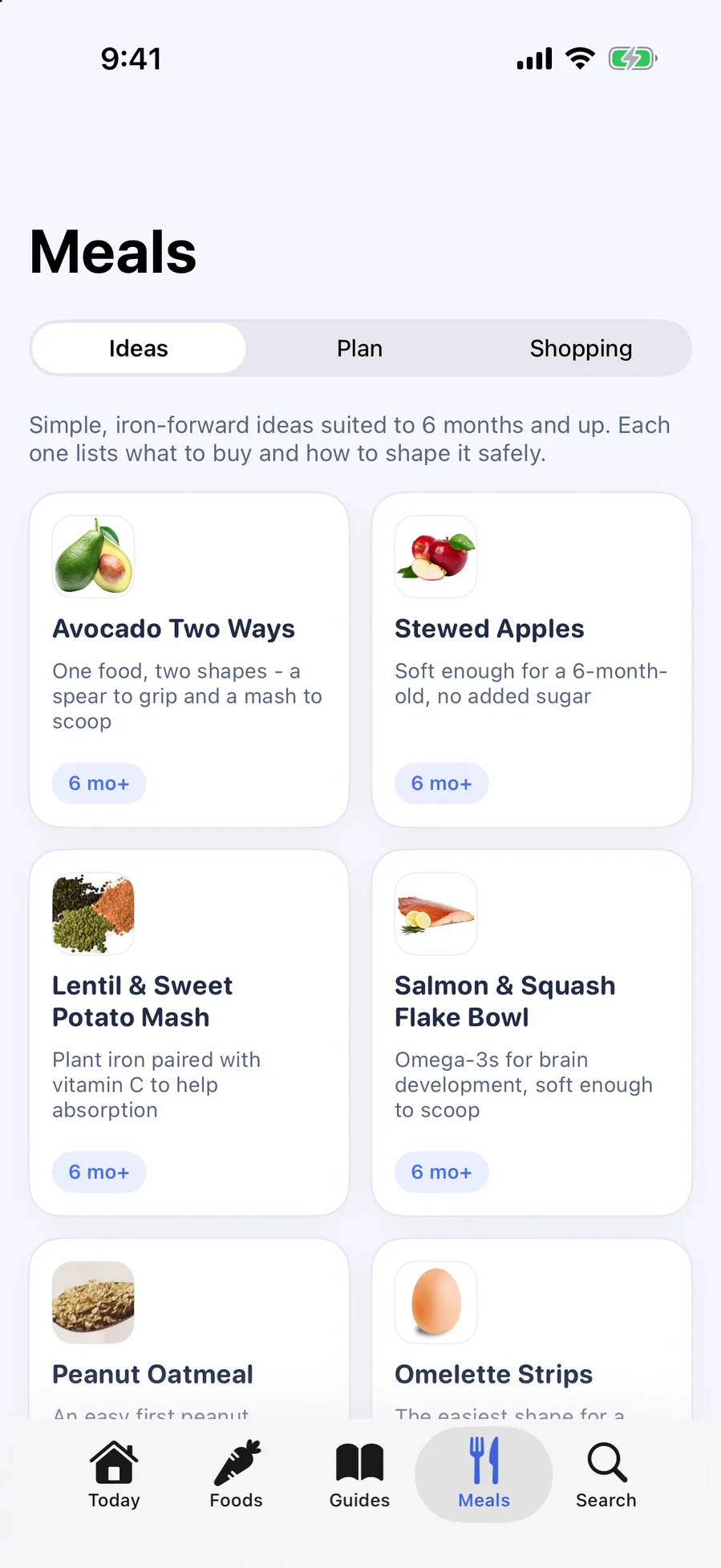 Meal ideas suited to 6 months and up — Avocado Two Ways, Stewed Apples, Lentil & Sweet Potato Mash, Salmon & Squash Flake Bowl — with Plan and Shopping tabs