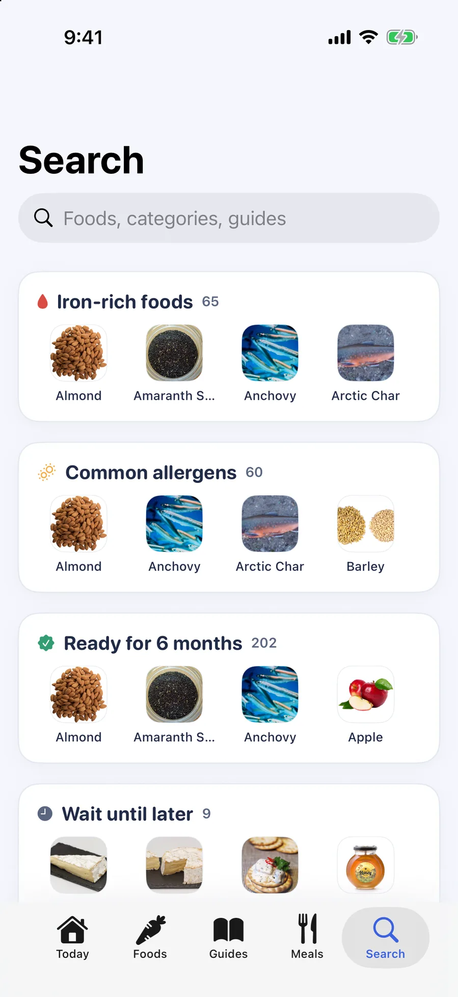 Search: iron-rich foods, common allergens, foods ready for 6 months, and foods to wait on until later