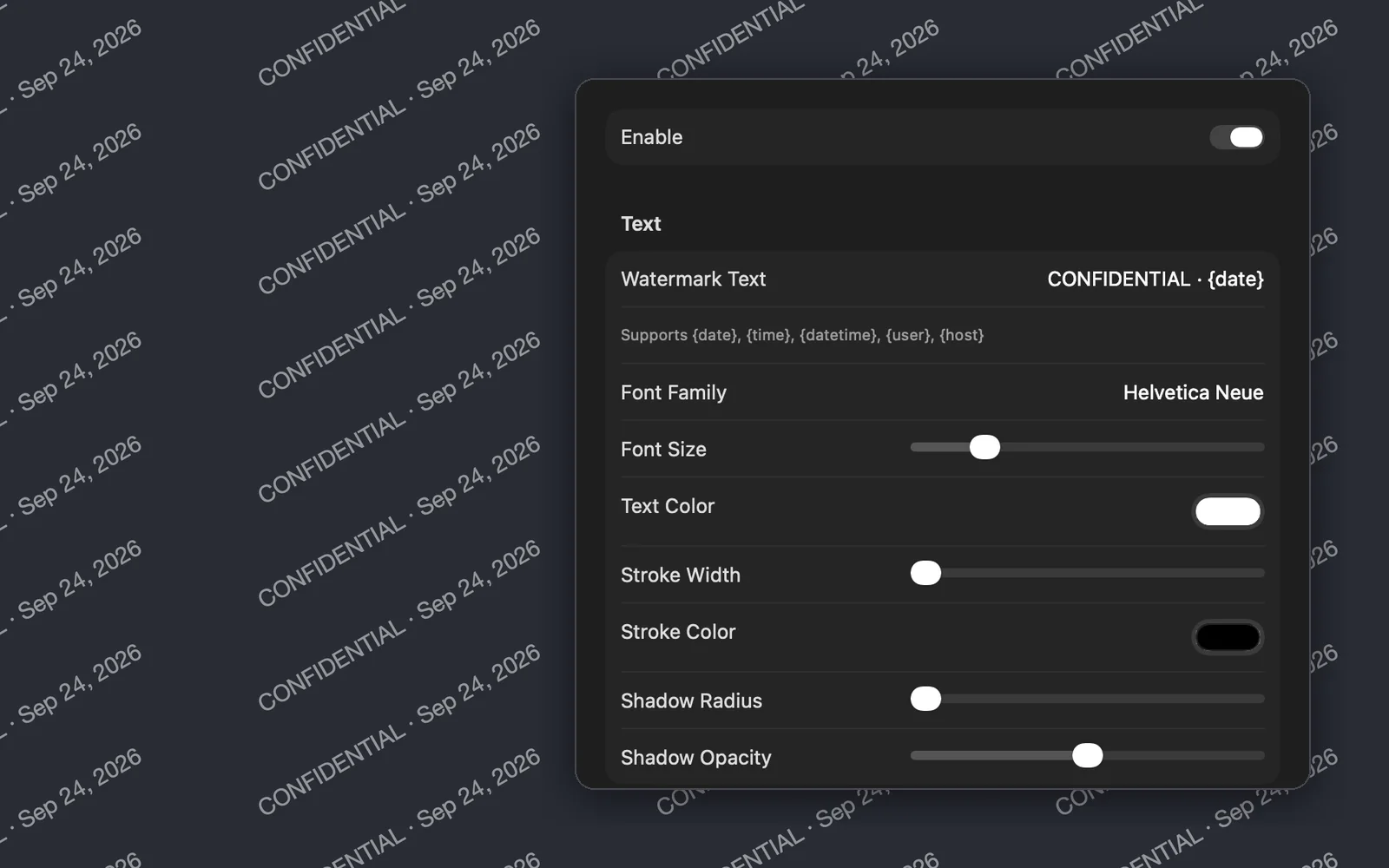 Ghostmark's settings beside the watermark it tiles: 'CONFIDENTIAL · {date}' rotated in rows, drawn by the app's own overlay view on a plain background