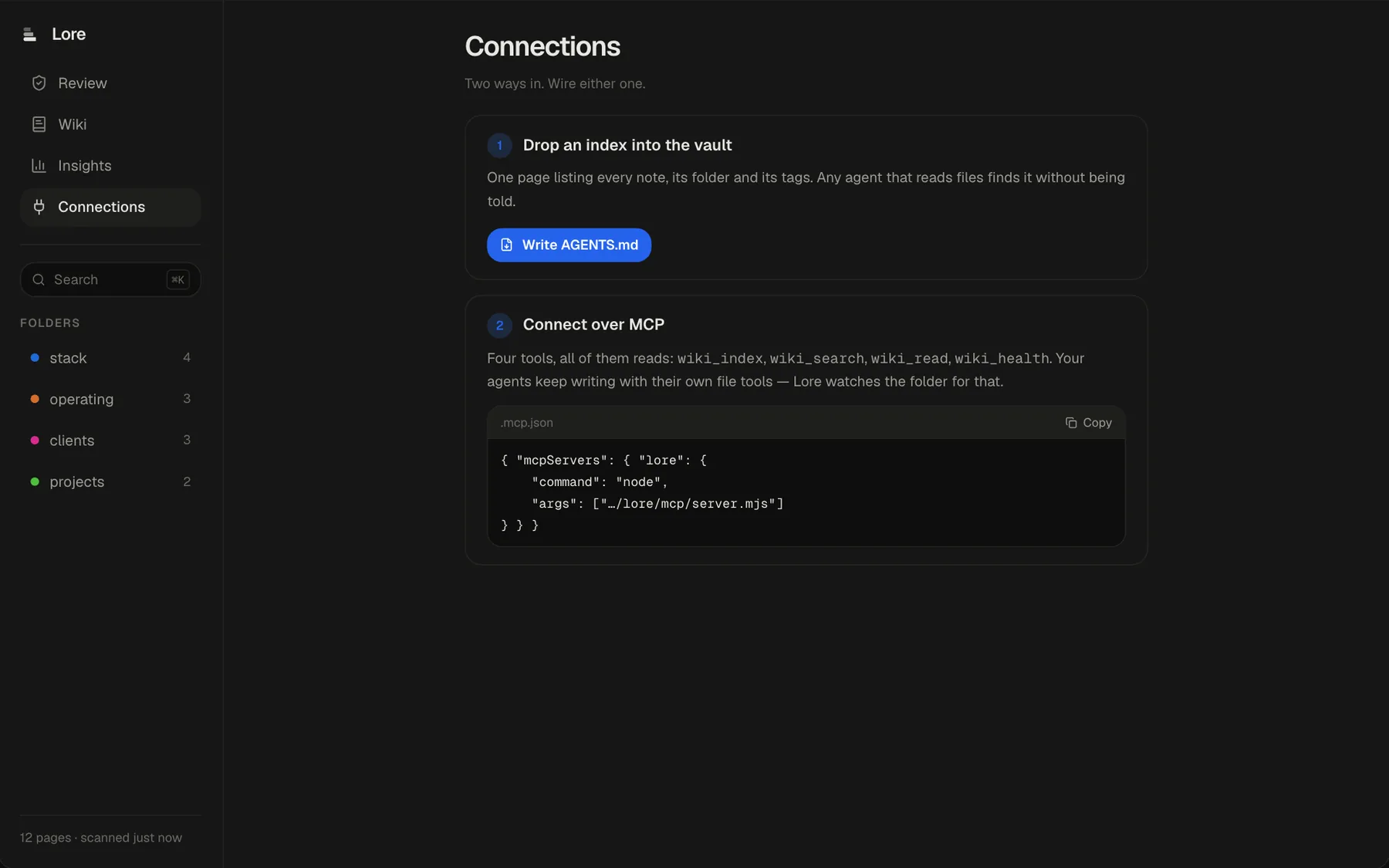 Connections: write an index page into the vault, or connect agents over MCP with a one-block config