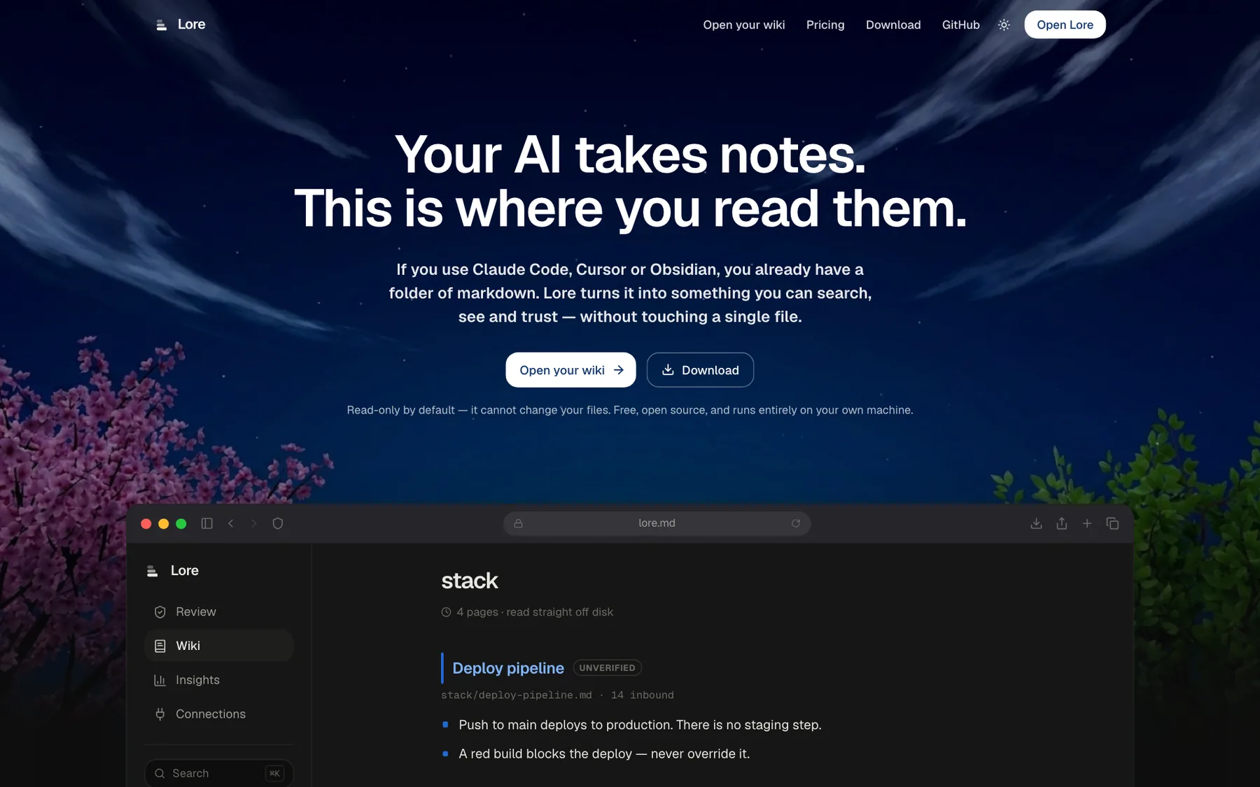 Lore's home page: “Your AI takes notes. This is where you read them.”, under a night sky, with buttons to open your wiki or download the app