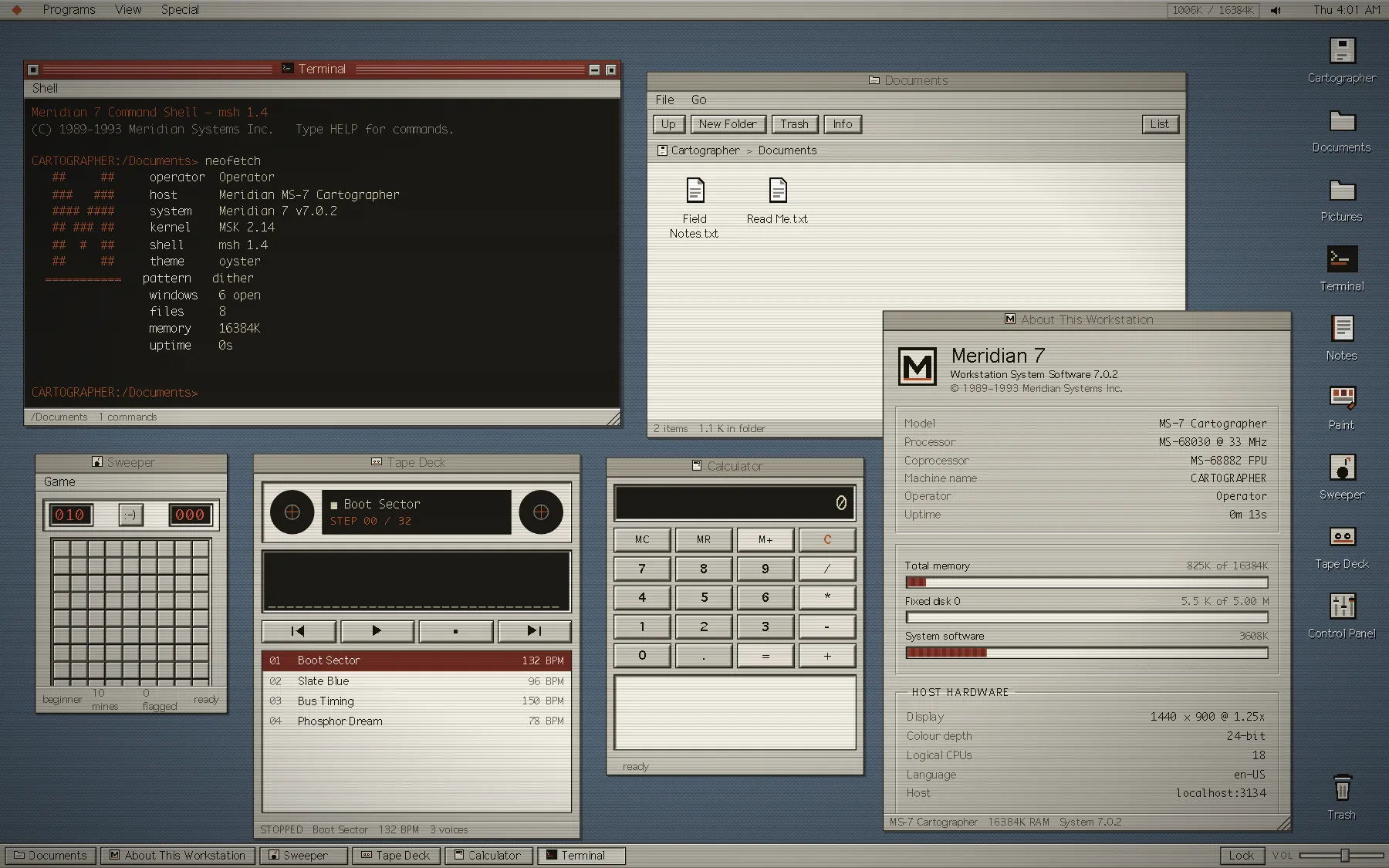 The Oyster desktop with the Terminal showing neofetch, a Documents folder, Sweeper, the Tape Deck, the Calculator and About This Workstation open