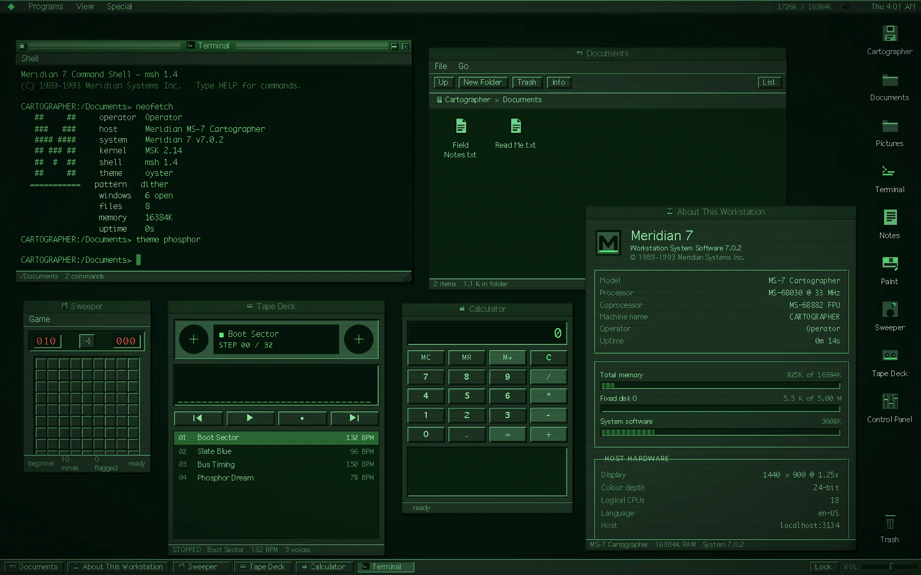 The same desktop repainted in the green Phosphor CRT scheme after typing theme phosphor