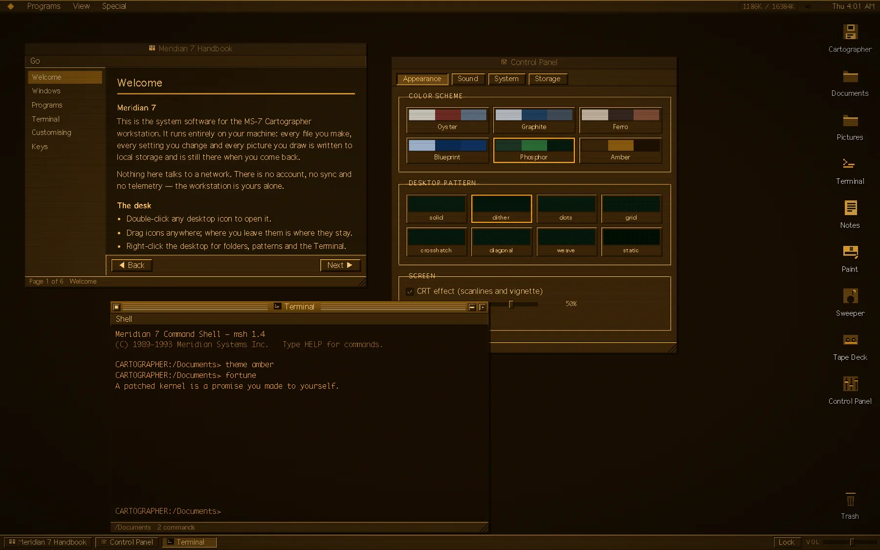 The Amber scheme with the Handbook's welcome page, the Control Panel's colour schemes and desktop patterns, and a Terminal fortune