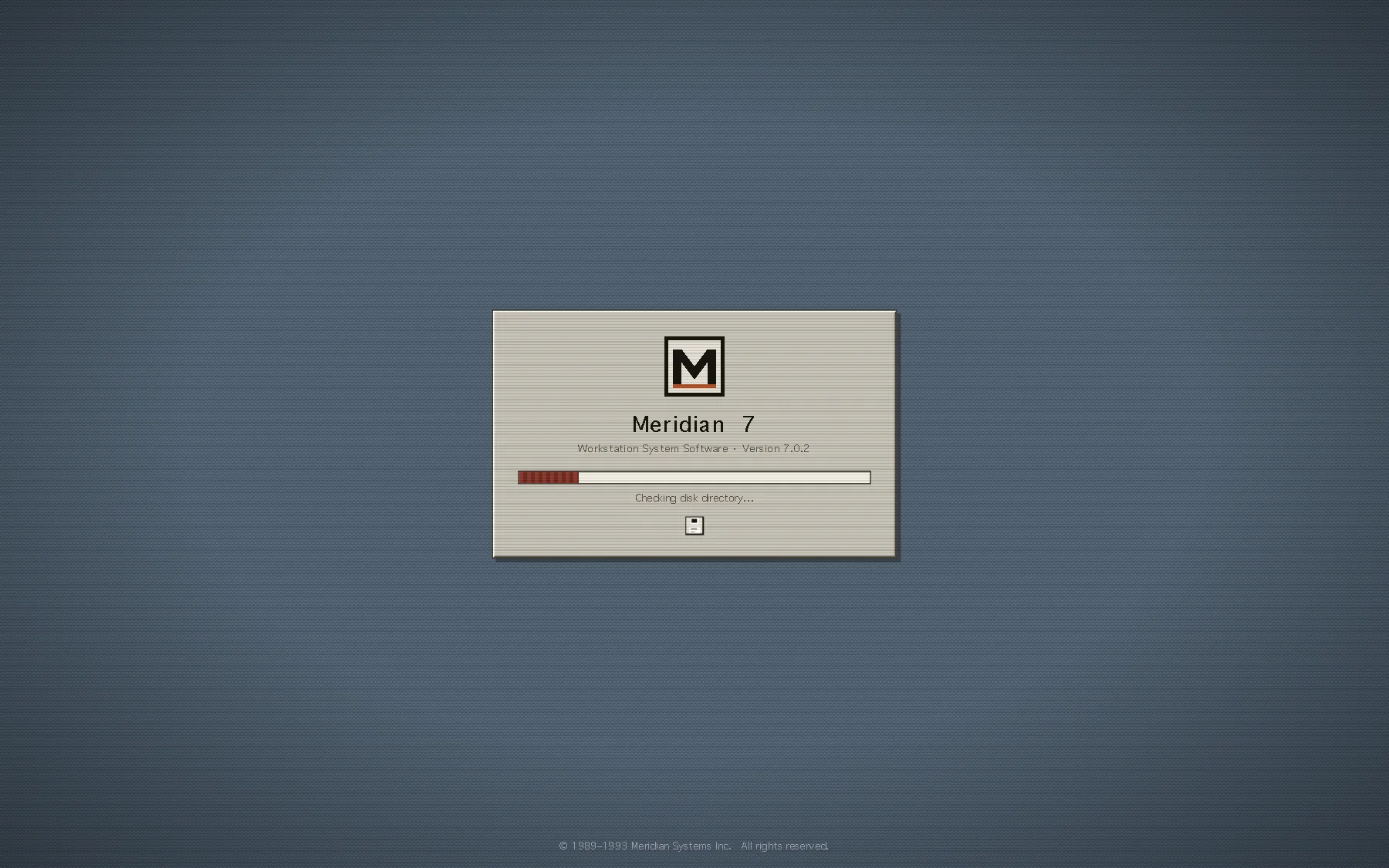 The startup splash: the Meridian 7 logo, a progress bar and 'Checking disk directory…'