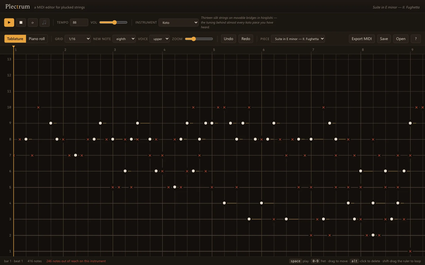 The Fughetta moved onto a koto: reachable notes as dots on thirteen strings, the rest as red crosses, and a count of notes out of reach in the status bar