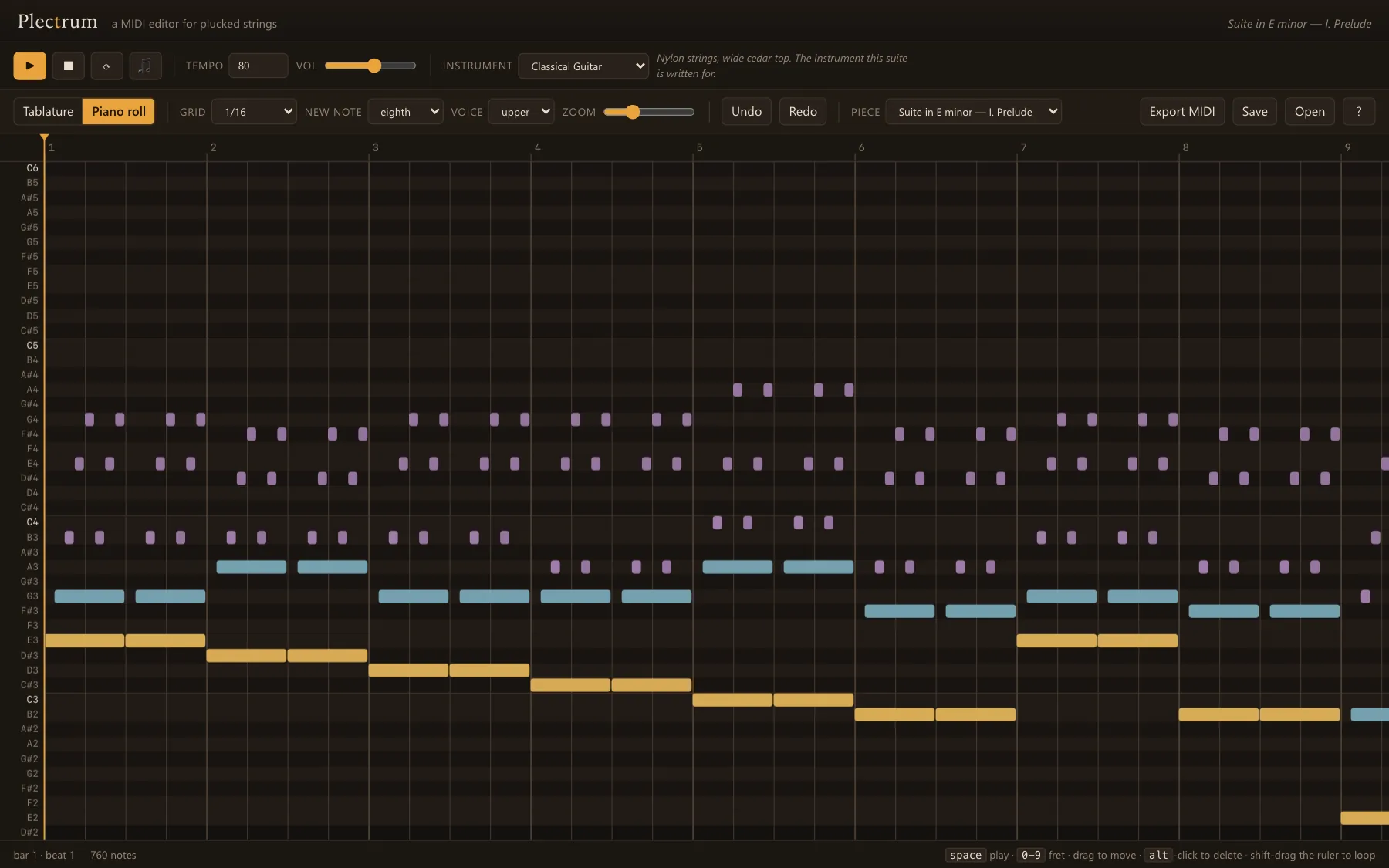 The Prelude in the piano roll, a falling bass line in gold under blue and purple arpeggios