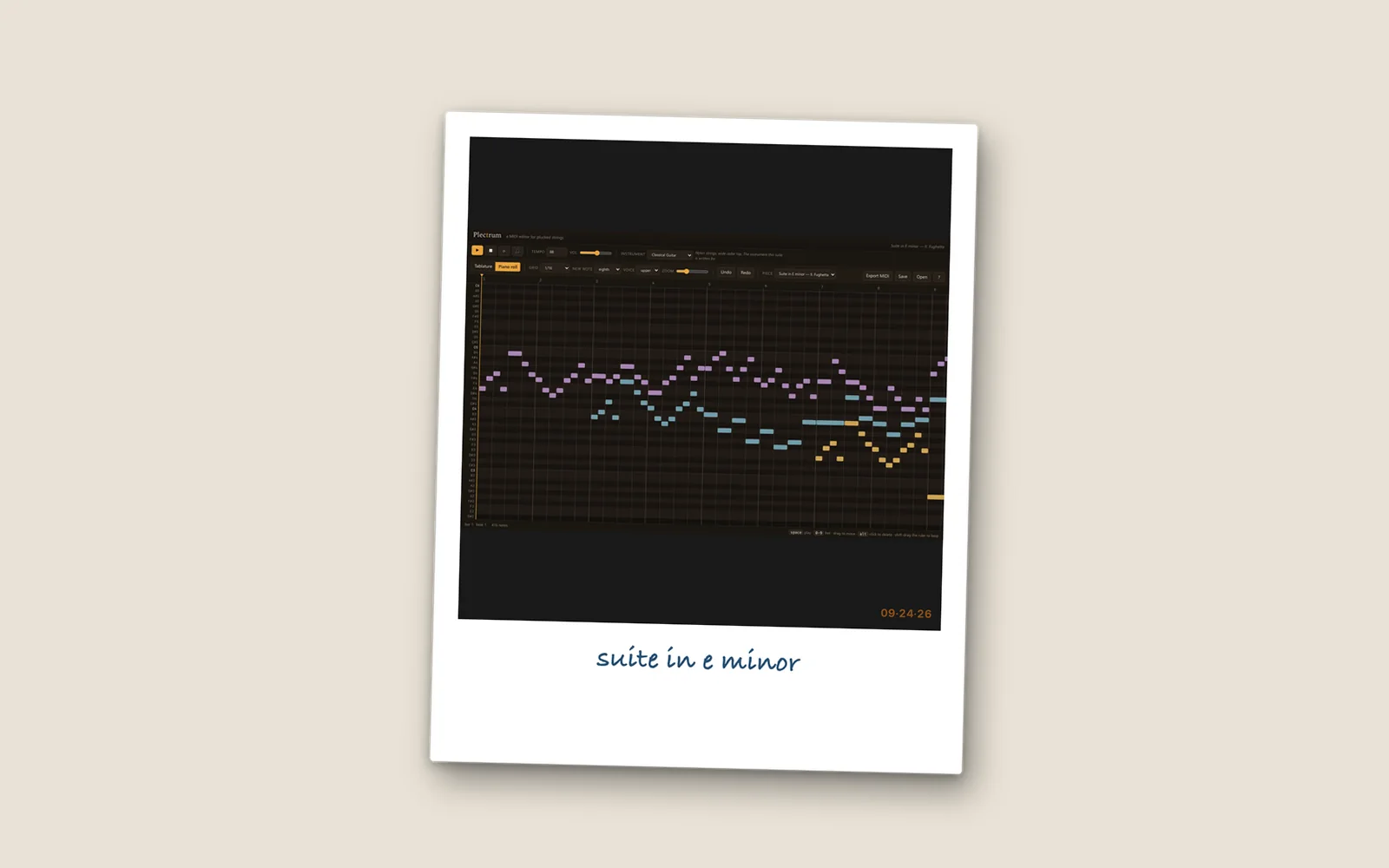 A Polaroid of Plectrum's piano roll on clean white paper, captioned 'suite in e minor' in navy Bradley Hand
