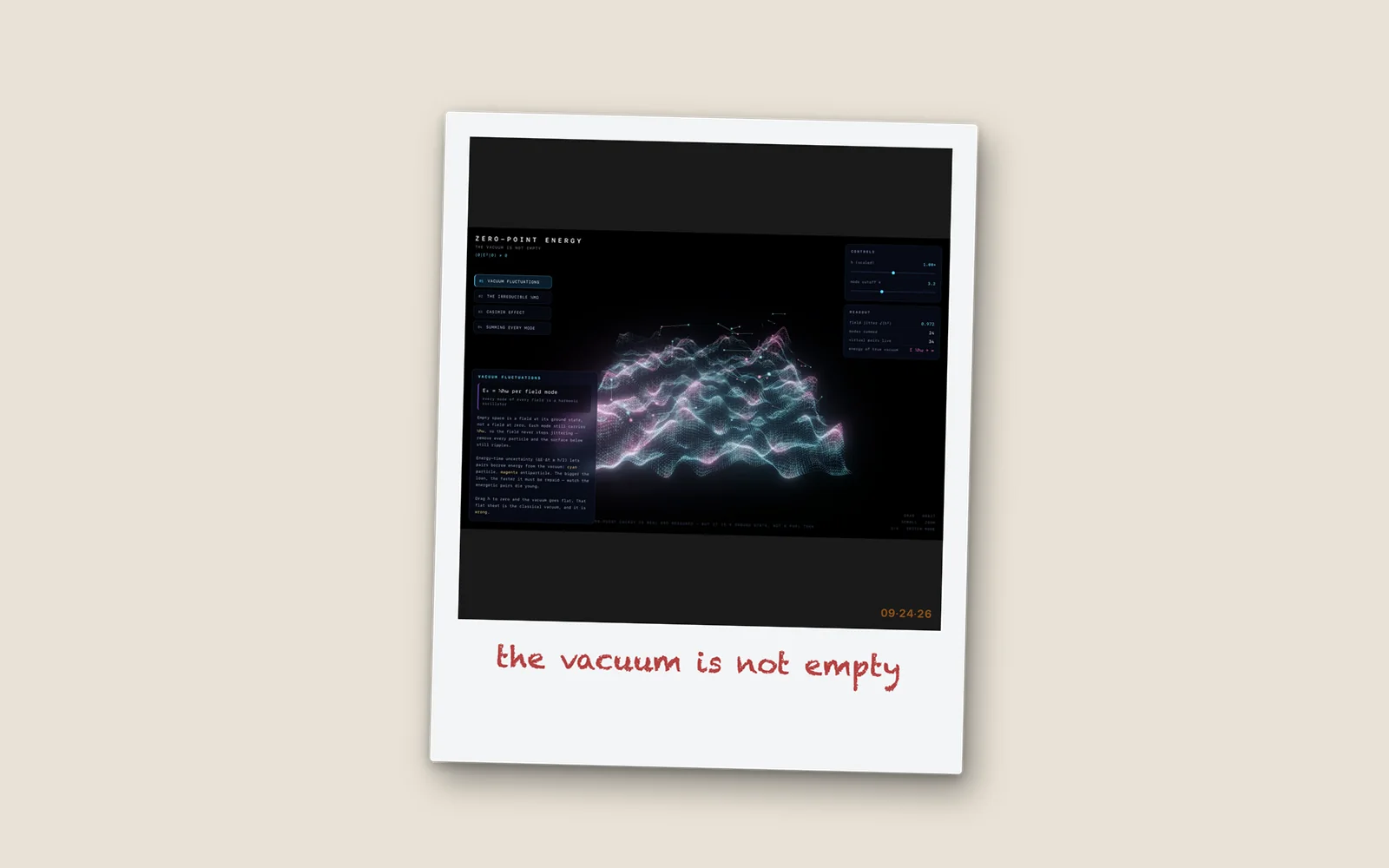 A Polaroid of Zero-Point Energy on cool gray paper, captioned 'the vacuum is not empty' in red Chalkduster