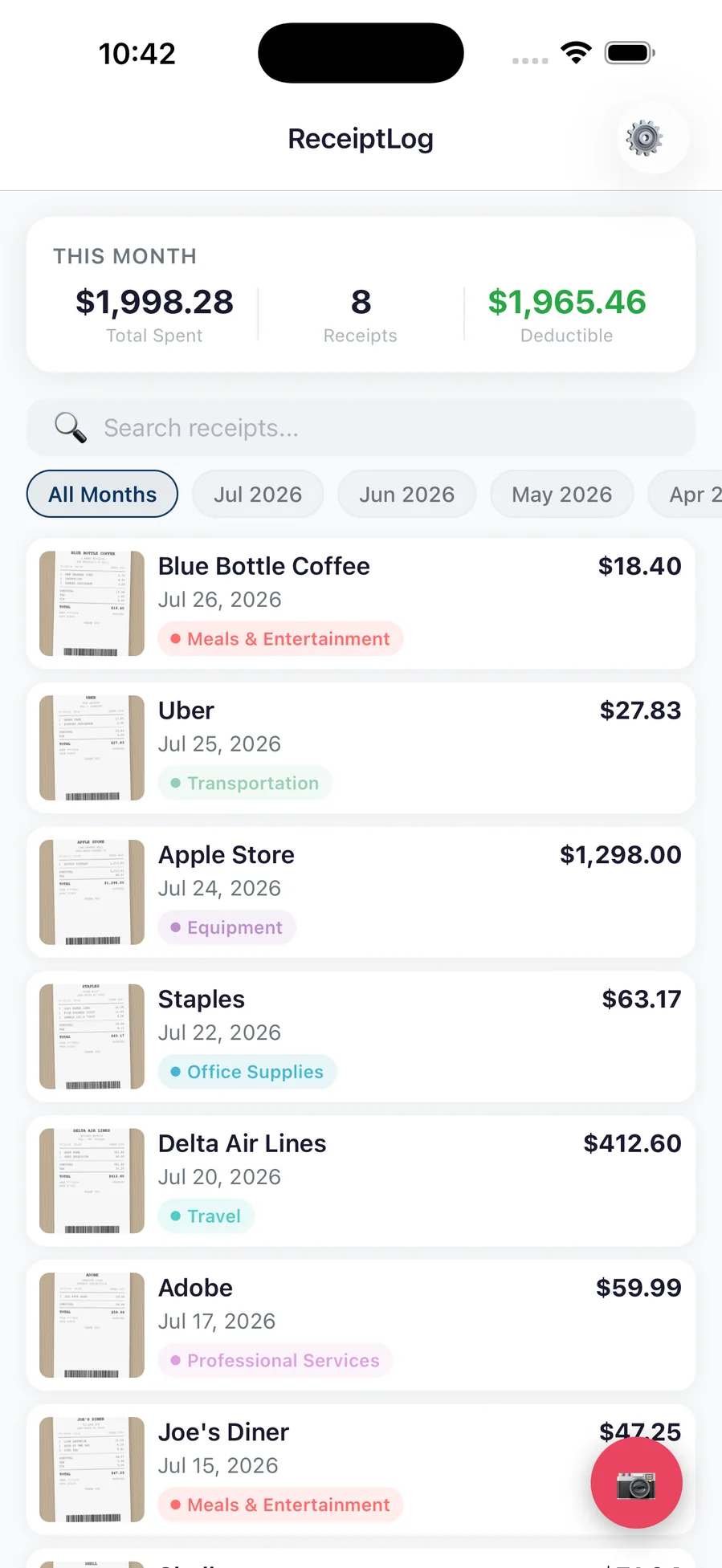 A month of receipts with total spent, receipt count and deductible amount above the list