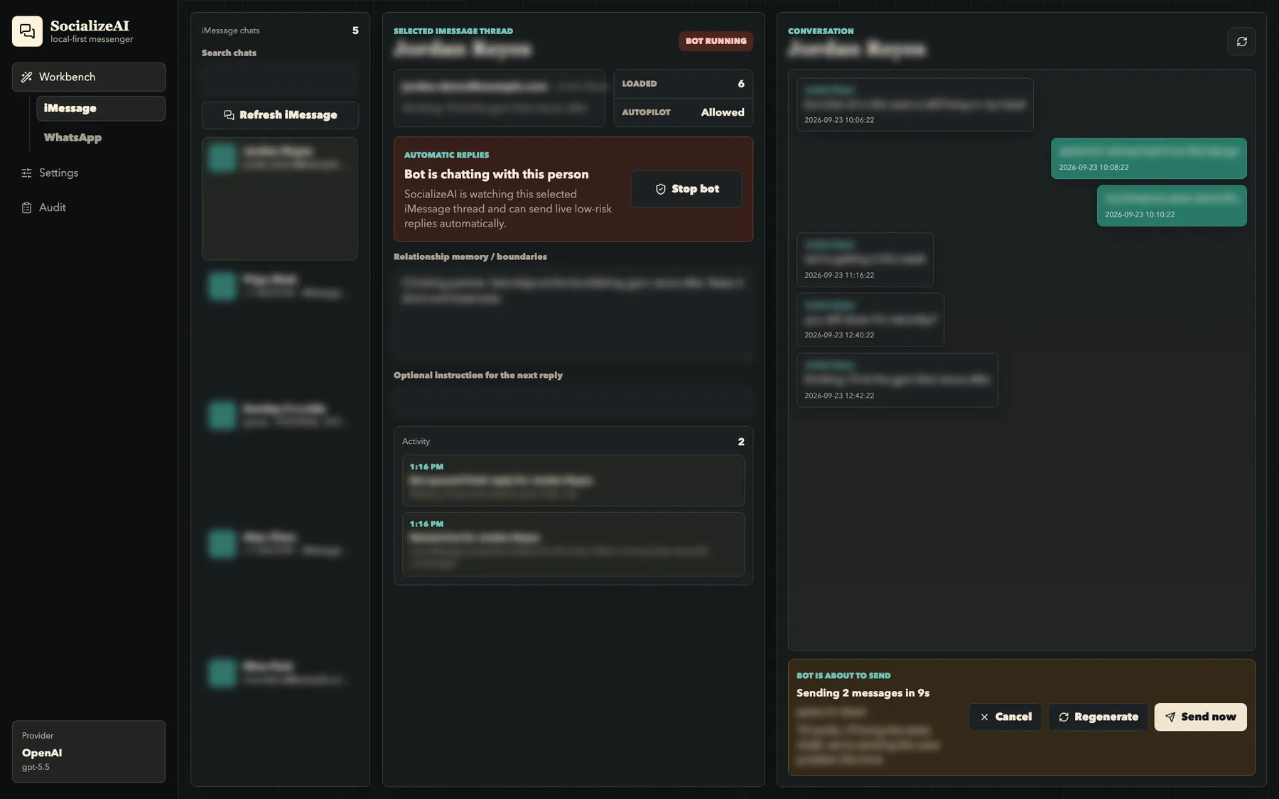 Screen-share mode: every name, number and message in the chat list and thread is blurred, while Stop bot, Cancel, Regenerate and Send now stay readable