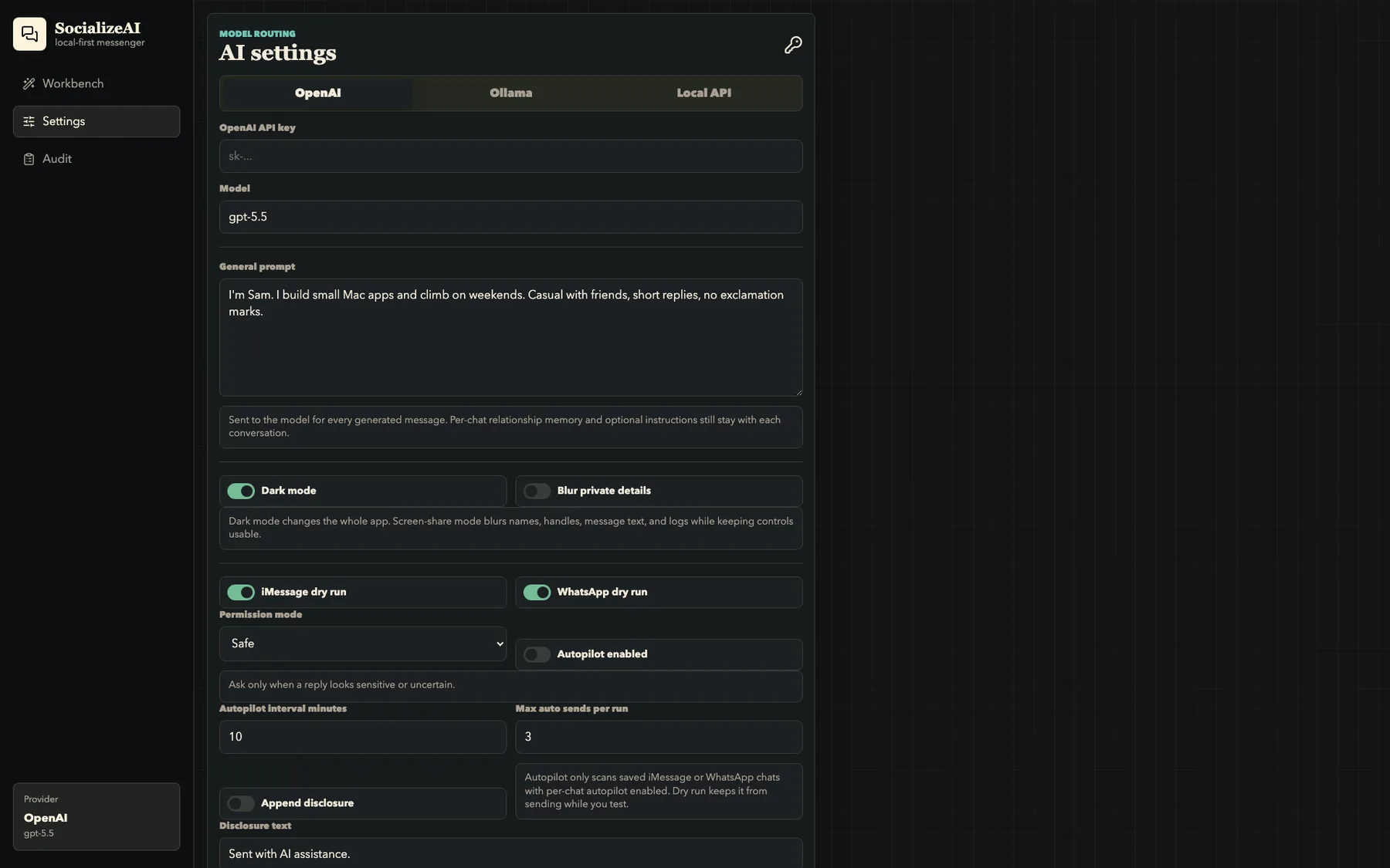 Settings: OpenAI, Ollama or a local API, a general prompt sent with every reply, dark mode, blur private details, per-app dry run and the permission mode