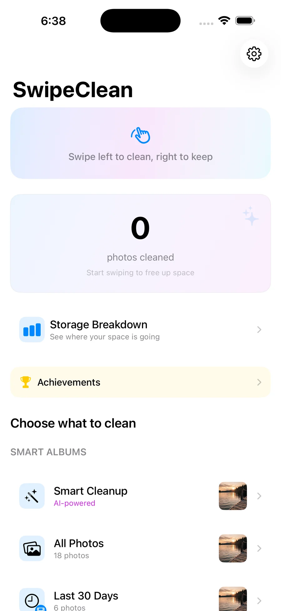 Smart albums list showing Smart Cleanup, All Photos and Last 30 Days with photo counts