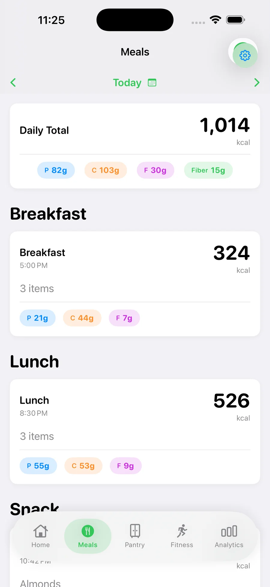 A day of meals with per-meal calorie totals and protein, carb and fat breakdowns