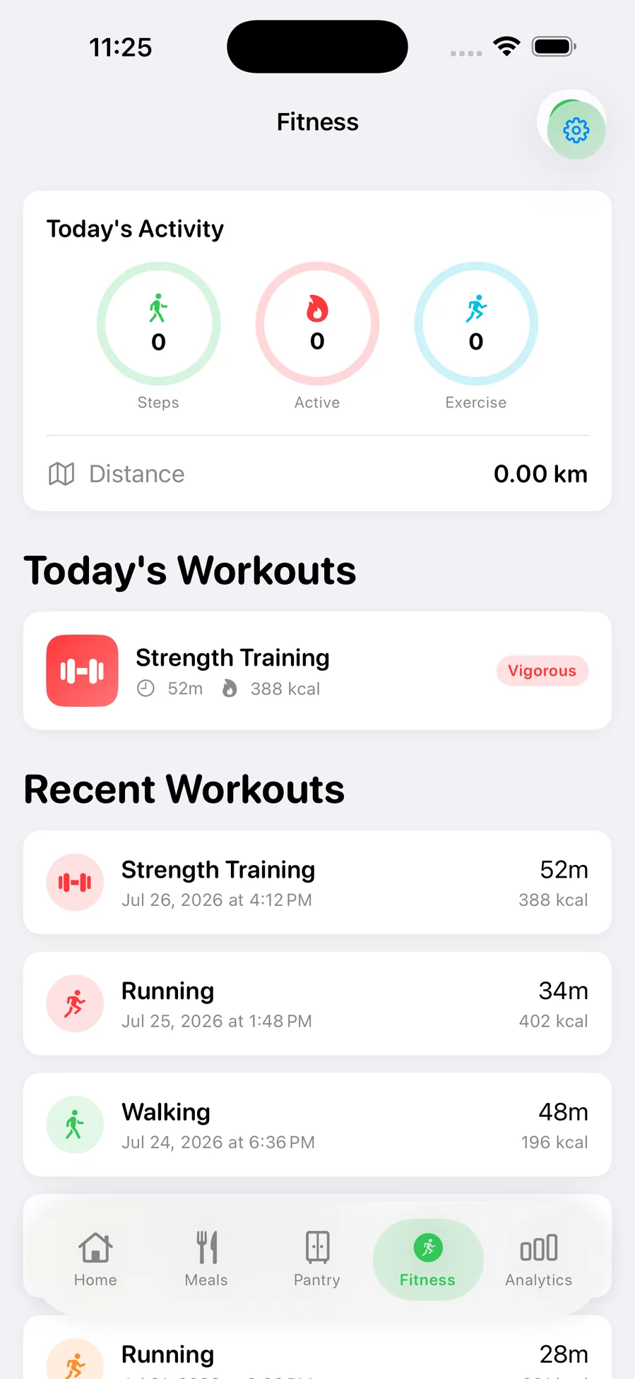 Today's activity rings above a list of recent workouts with durations and calories