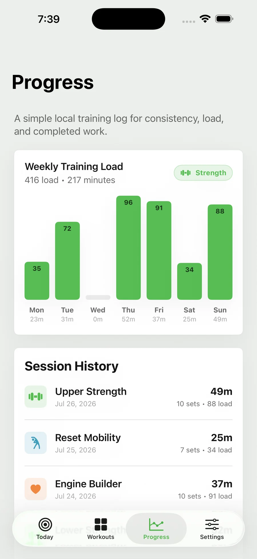 Weekly training load bar chart with session history underneath